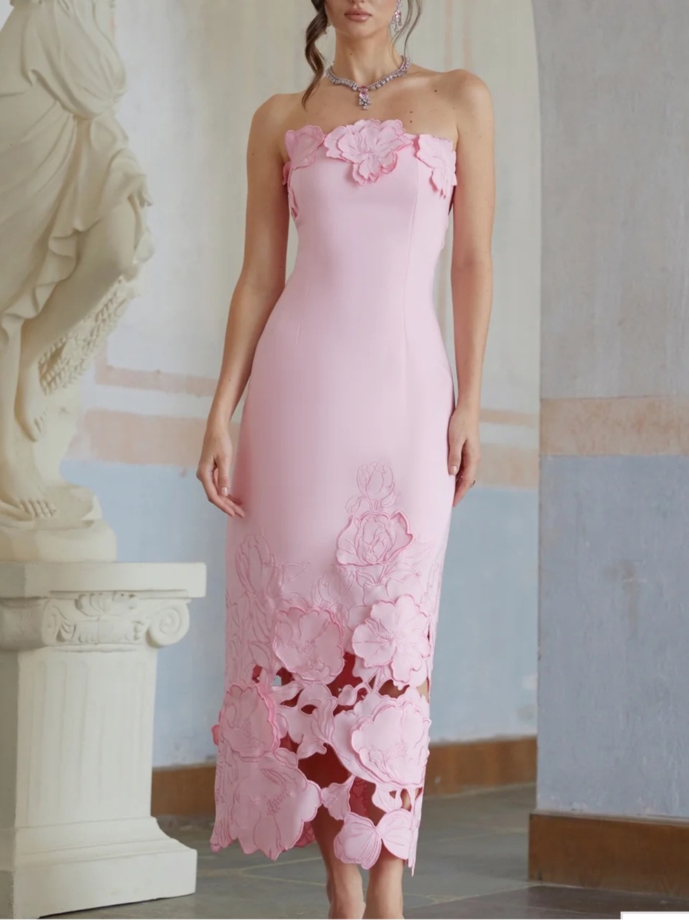 Miss Roster Strapless Pink Floral Appliqué Midi Dress
